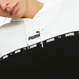 Buzo con capucha Puma para mujer, color rosa pálido, de corte cuadrado y relajado, con logo de Puma estampado en el pecho y cinta con el logo repetido a lo largo del pecho.