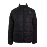 Campera puffer negra con cierre frontal y cuello alto. Logo de la marca en el pecho.