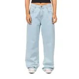 Pantalón de jean estilo baggy wide leg, color celeste claro con efecto desgastado. Presenta cinco bolsillos, cierre frontal con botón metálico y detalle de bordado de ola en los bolsillos traseros.