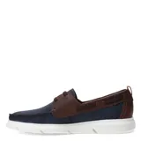 Zapatos tipo náutico de la marca Democrata, confeccionados en cuero azul marino con detalles en cuero marrón oscuro. Presentan cordones al tono, costuras reforzadas en la puntera y una suela blanca de goma con diseño deportivo.