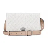 Cartera Guess modelo Burnaby de diseño estructurado, con cuerpo en color blanco estampado con el logo de la marca y detalles en color beige. Presenta cierre frontal tipo torniquete metálico y correa ajustable en color beige con apliques decorativos.
