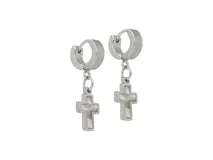 Par de aros plateados tipo argolla con dije colgante de cruz con interior de nácar.