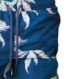 Short de baño Billabong color azul con estampado tropical de palmeras y atardecer.