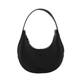 Cartera tipo hobo de diseño semicircular, confeccionada en material texturizado color negro. Presenta cierre superior, asa fija y detalle de logo de labios y marca grabados en el frente.