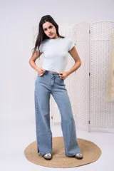 Remera crop top de algodón elastizado celeste, entallada al cuerpo, de manga corta y cuello redondo.