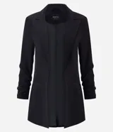 Blazer alargado de sastrería marca Blue Steel, color negro, con solapa clásica y mangas largas fruncidas.