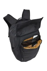 Mochila Thule Paramount de 27 litros, diseñada para uso urbano y ciclismo. Cuenta con compartimento flotante para laptop de hasta 16 pulgadas, materiales impermeables, cierres recubiertos y bolsillo frontal expandible para casco. Incluye panel trasero ventilado, correas ergonómicas con correa esternal y detalles reflectivos para mayor visibilidad.