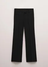 Pantalón de vestir negro de corte recto y tiro medio, confeccionado con mezcla de lana, viscosa, poliéster y elastano, con forro interno de viscosa.