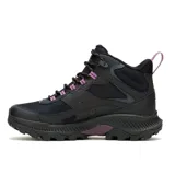 Bota de trekking Merrell modelo Speed Strike 2 Mid, diseñada para senderismo con membrana impermeable. Presenta una combinación de malla y cuero sintético en color negro con detalles en violeta, suela de goma con tracción duradera y cierre mediante cordones.