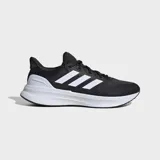 Championes de running Adidas Ultrarun 5, color negro con tres franjas blancas características en el lateral. Presentan una suela gruesa blanca con textura y detalles en negro en la parte inferior.