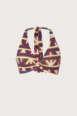 Top de bikini estilo halter con argolla central decorativa. Presenta un diseño estructurado con estampado geométrico en tonos fucsia, naranja y azul sobre fondo crema.