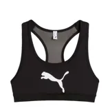 Top deportivo Puma modelo 4Keeps Bra, color negro con logo de la marca estampado en blanco en el frente. Presenta diseño de espalda nadadora con panel de malla para mayor ventilación.