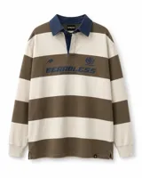 Chomba de rugby de manga larga con diseño de rayas horizontales anchas en color marrón y beige. Presenta cuello tipo polo en color azul oscuro, cierre frontal con botones ocultos y estampado gráfico en el pecho con la inscripción 'BEARDLESS'.
