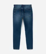 Pantalón de jeans azul de corte skinny, confeccionado con algodón, poliéster y elastano. Presenta un lavado medio con desgaste sutil y cierre tradicional.