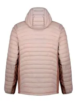 Campera puffer acolchada Columbia modelo Powder Pass Hybrid, color rosado con paneles laterales elásticos en un tono más oscuro, capucha incorporada y cierre frontal completo.