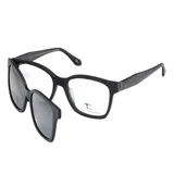 Lentes clip-on T. Calandra modelo Vera, con armazón negro de diseño clásico y clip solar magnético desmontable con lentes oscuros.