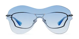 Lentes de sol Meller modelo Project 03 Blue, con diseño envolvente futurista Y2K. Cuentan con una pantalla única en degradado azul que revela un esqueleto metálico plateado en su interior con detalles de remaches y patillas finas de metal.