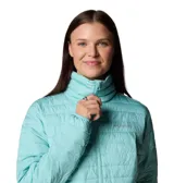 Campera acolchada Columbia modelo Silver Falls II, color turquesa, con cierre frontal, cuello alto, bolsillos laterales con cremallera y puños elásticos.
