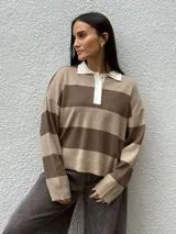 Sweater tipo chomba de tejido bremer con diseño de rayas horizontales en color marrón y celeste. Presenta cuello polo en color crema con cierre frontal de botones y mangas largas.