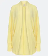 Cardigan alargado en tejido de punto color amarillo, con ribana en los puños y barra redondeada.