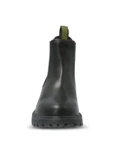 Bota tipo Chelsea de Hush Puppies, confeccionada en cuero negro con paneles elásticos laterales y tiradores superiores con diseño gráfico en amarillo y negro. Presenta una suela de goma robusta con tecnología Fusion de doble densidad para mayor absorción de impactos y tracción.