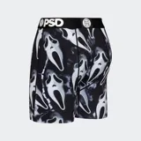 Calzoncillos tipo bóxer de la marca PSD, con estampado de caras de fantasmas sobre fondo negro. Cuenta con pretina elástica negra con el logo de la marca en blanco.