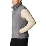Chaleco de forro polar Columbia con cierre frontal completo, cuello alto, bolsillo vertical en el pecho y bolsillos laterales, todos con cierre.