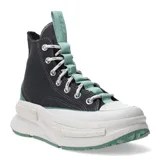 Championes de caña alta Converse Run Star Legacy CX, con diseño de plataforma voluminosa, capellada de lona negra, detalles en verde agua y suela dentada con textura moteada.