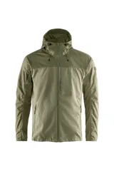 Campera verde oliva con capucha, cierre frontal y bolsillos laterales con cierre.