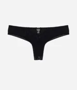 Bombacha bikini de hilo doble marca Lov, confeccionada en tul negro con textura geométrica y detalles transparentes.