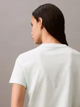 Remera de manga corta color celeste con logo Calvin Klein aterciopelado en el pecho y cuello redondo.