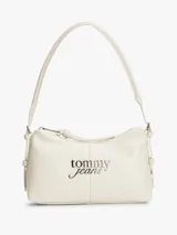 Cartera de hombro Tommy Jeans de color blanco con acabado granulado, cierre de cremallera y logo metálico plateado en el frente.