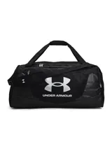 Bolso deportivo Under Armour modelo Undeniable 5 Duffle L, color negro con logo plateado. Cuenta con tecnología repelente al agua, compartimento ventilado para calzado o ropa sucia, bolsillos organizadores internos, correa de hombro acolchada extraíble y asas superiores.
