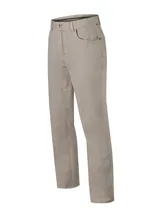 Pantalón de gabardina RKF color beige, de corte recto y tiro medio, con diseño clásico de cinco bolsillos y trabillas para cinturón.