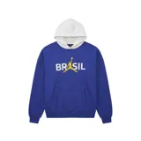 Canguro Nike Jordan de algodón, color azul con capucha blanca. Presenta el logo Jumpman en color amarillo integrado en la palabra 'BRASIL' estampada en el frente. Cuenta con bolsillo tipo canguro y puños acanalados.