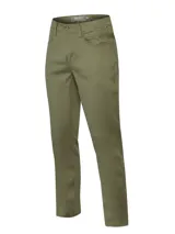 Pantalón tipo jeans de corte recto y tiro medio, color verde oliva. Confeccionado en denim con tecnología de flexibilidad, cuenta con cierre de botón y bragueta, además de bolsillos laterales y traseros.