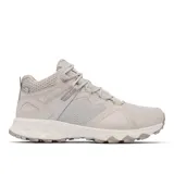 Bota de senderismo impermeable Columbia Peakfreak Hera Mid Outdry para mujer, de color blanco y gris claro. Confeccionada con malla transpirable, tecnología de amortiguación Techlite+ y suela de alta tracción Adapt Trax.