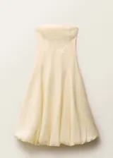 Vestido midi de lino con escote palabra de honor y diseño evasé. Presenta un bajo abullonado y cierre de cremallera en la parte posterior.
