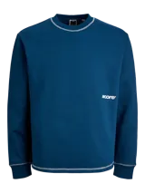 Buzo azul marino de manga larga con cuello redondo, confeccionado en tejido de punto rizo de algodón con costuras decorativas en color blanco y detalle de logo estampado en el pecho.