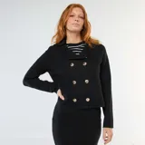 Chaleco negro de punto otomano con doble botonadura dorada y cuello solapa.