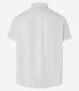 Camisa de hombre de manga corta color marrón, confeccionada en lino y algodón. Presenta cuello clásico, botonadura frontal, bolsillo en el pecho y mangas con botón para enrollar.