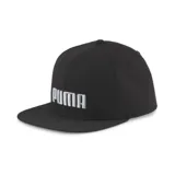Gorra Puma negra con visera plana, logo de Puma bordado en blanco en el frente y cierre ajustable en la parte posterior.