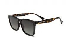 Lentes de sol de armazón cuadrado, color carey oscuro, con lentes grises degradados.