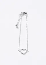 Pulsera de cadena forcé de plata 925 con dije de corazón hueco y cierre de mosquetón con cadena de extensión.