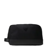 Neceser rectangular negro con cierre superior y logo de la marca en el frente.