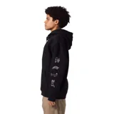 Canguro negro con capucha, cordones ajustables, bolsillo tipo canguro y puños y cintura acanalados. Estampado con el logo de la marca en el pecho y diseños gráficos en la manga derecha.