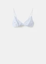 Top tipo bralette confeccionado en popelín celeste con rayas finas y apliques de lentejuelas y cristales, con escote en V y tirantes finos.