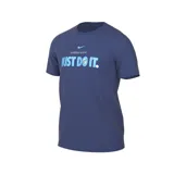 Remera azul de algodón con cuello redondo y estampado frontal con el logo de Nike y la frase "Just Do It" en celeste.