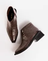 Bota corta de cuero vacuno con acabado metalizado y textura de reptil. Presenta punta fina, cierre lateral interno y taco cuadrado de madera.