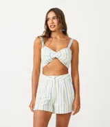 Blusa musculosa cropped de algodón con tirantes elásticos, busto torcido, espalda de lastex e hilo teñido con rayas a contraste.